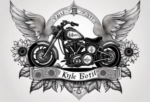 A central cross with the names Kyle Peter Lori on it with lighting a motorcycle and a sunflower around it tattoo idea