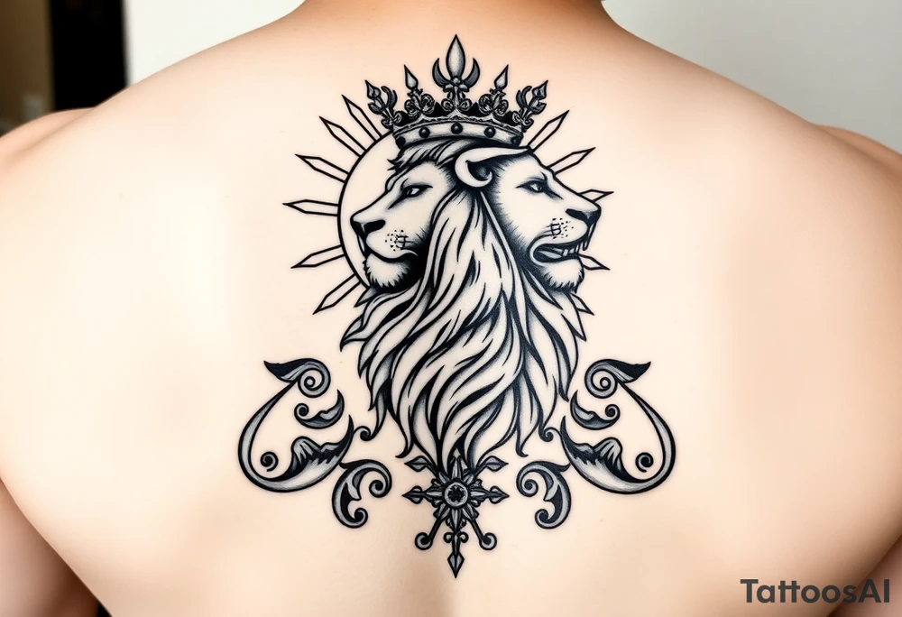 A majestic Persian lion with a radiant sun behind it, inspired by the ancient 'Lion and Sun' emblem of Iran. The lion wears a regal Persian crown, symbolizing power and sovereignty. The design elegantly incorporates the 'Faravahar' symbol, blending its wings and spiritual elements into the composition. The artwork is intricate, with fine ornamental Persian patterns, evoking a historical yet modern tattoo style. The atmosphere is grand, with a bold blackwork and neo-traditional tattoo aesthetic." tattoo idea