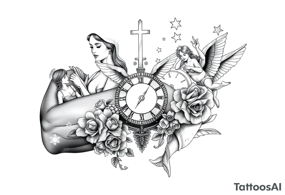 Roulette casino and princess and jesus on cross, baby angels, roses and clock and stars and fish tattoo idea