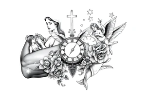 Roulette casino and princess and jesus on cross, baby angels, roses and clock and stars and fish tattoo idea