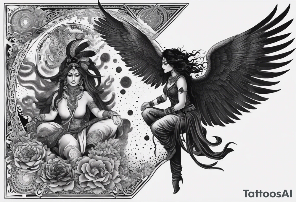 black kali, goddess pirate, alien, angel, pachamama, valkrye, warrior, flying, skull, lotus azul, wing, eagle, zenza resonance, stars, 5D, anahata chakra, death, durga, riding on a tiger, flying lady, kundalini, chest tatoo, samuri, rebel, serpent tattoo idea