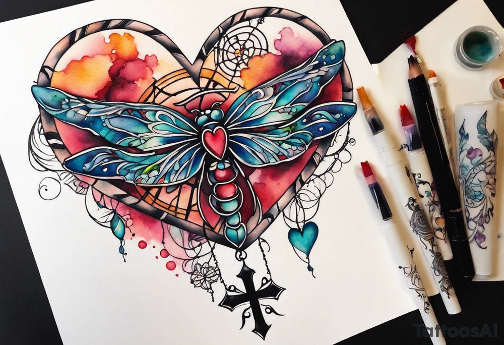 Watercolor tattoo of heart with cross going through the heart. Small Dragonfly flying on side with dreamcatcher tattoo idea