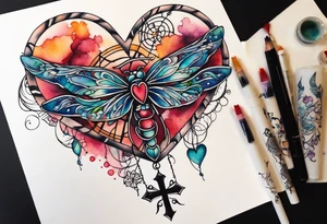 Watercolor tattoo of heart with cross going through the heart. Small Dragonfly flying on side with dreamcatcher tattoo idea