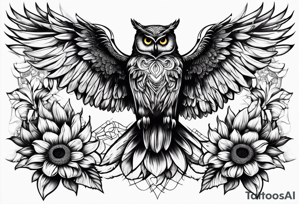 Owl with sunflower body and angel wings tattoo idea
