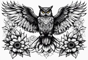 Owl with sunflower body and angel wings tattoo idea