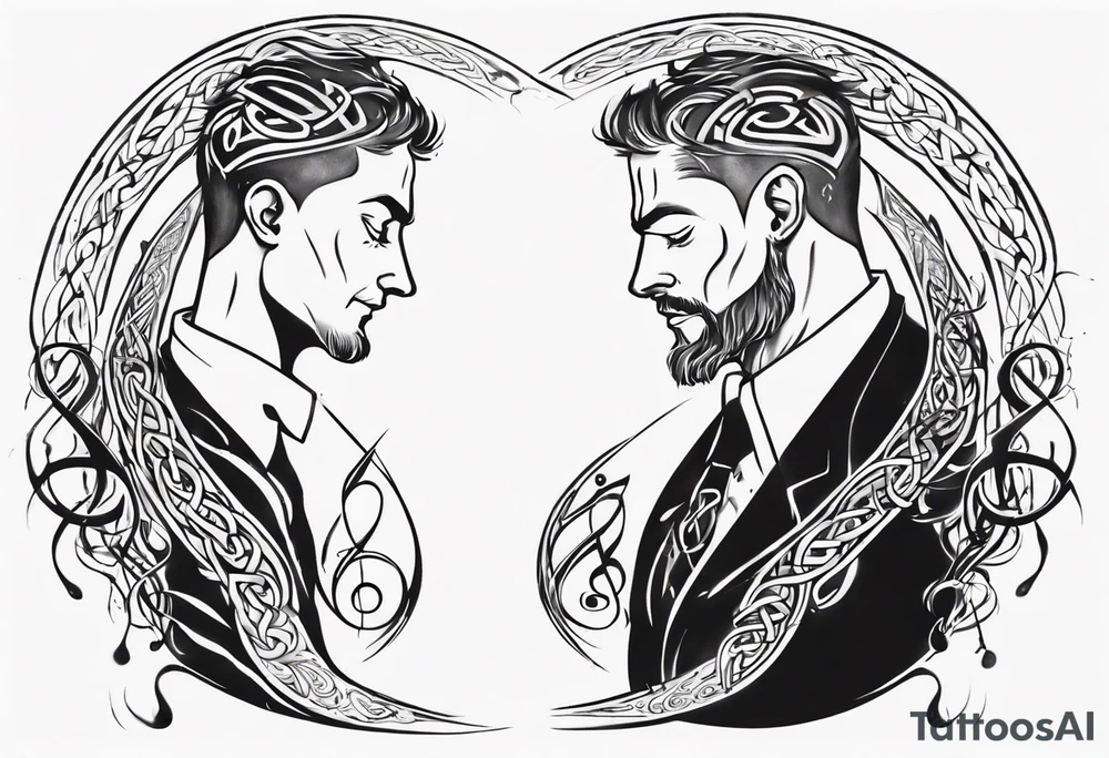 father sitting on father's shoulders. Walking into the sun. Treble clef on son's back. Celtic design on father's back. tattoo idea