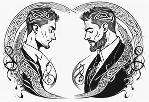 father sitting on father's shoulders. Walking into the sun. Treble clef on son's back. Celtic design on father's back. tattoo idea
