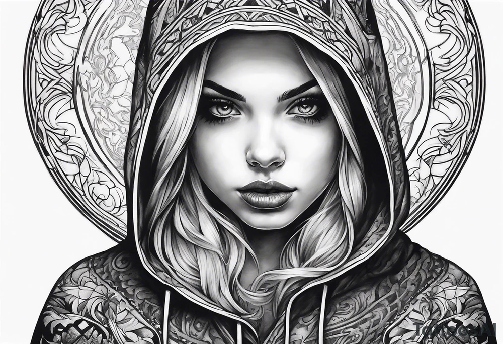 Hidden gothic hooded girl tattoo idea