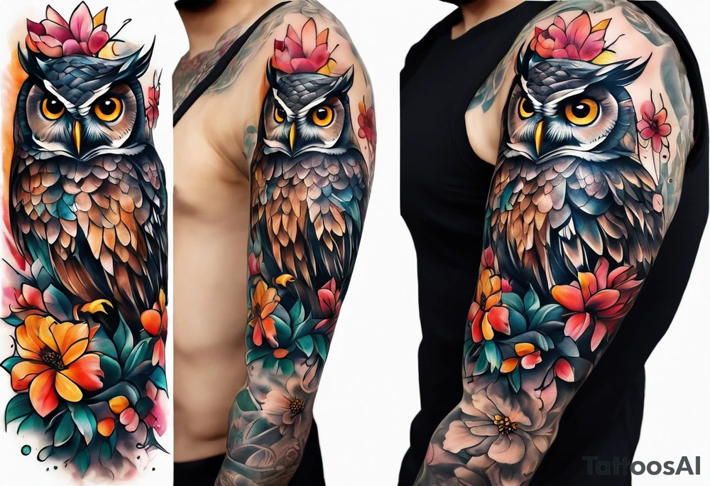 Owl and flowers full arm sleeve tattoo idea