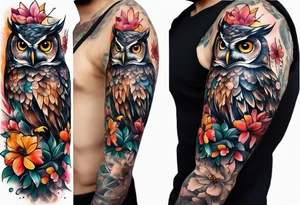 Owl and flowers full arm sleeve tattoo idea