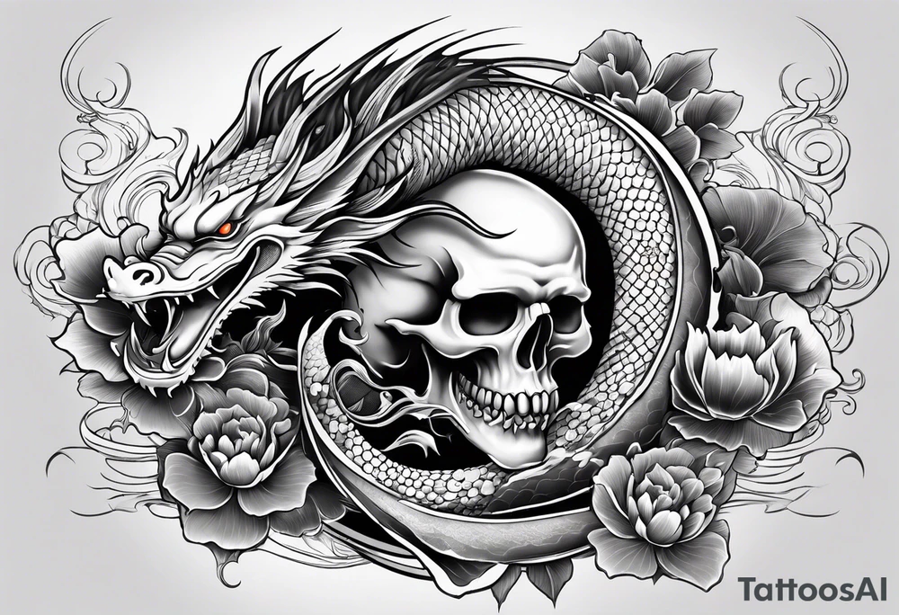 Dark skull and dragon  koi fish tattoo idea