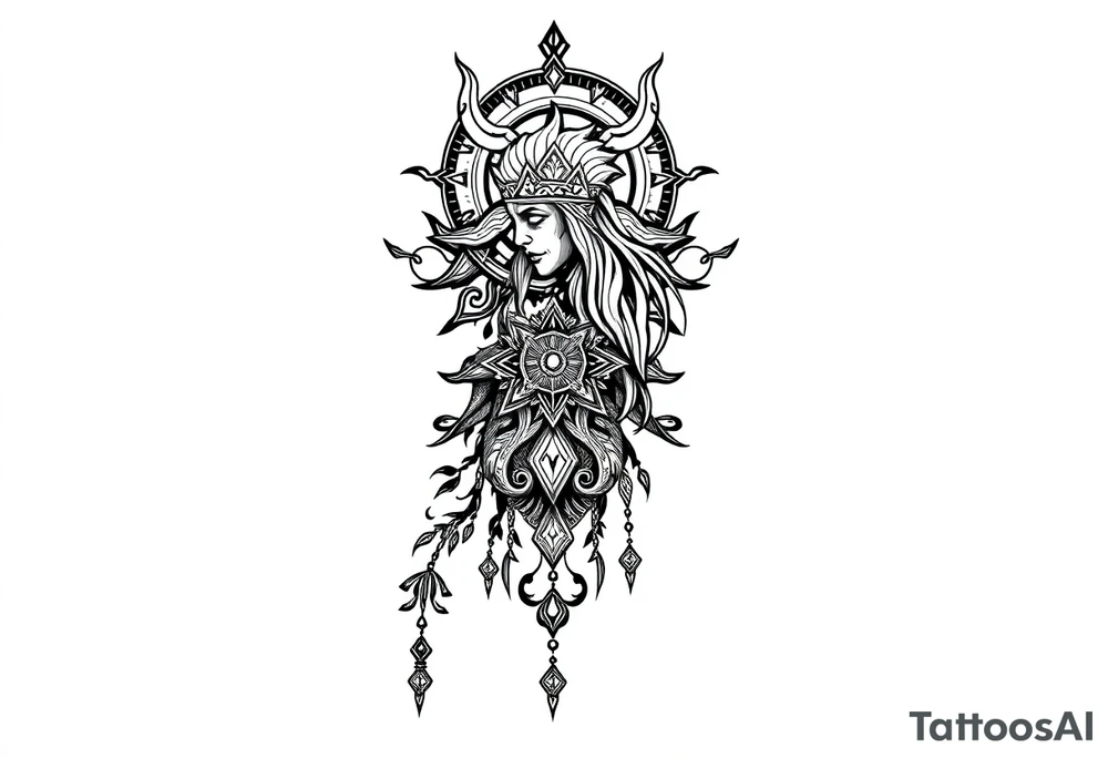 mystical dark and long ornament with shaman and witch style and ancient rhyme tattoo idea