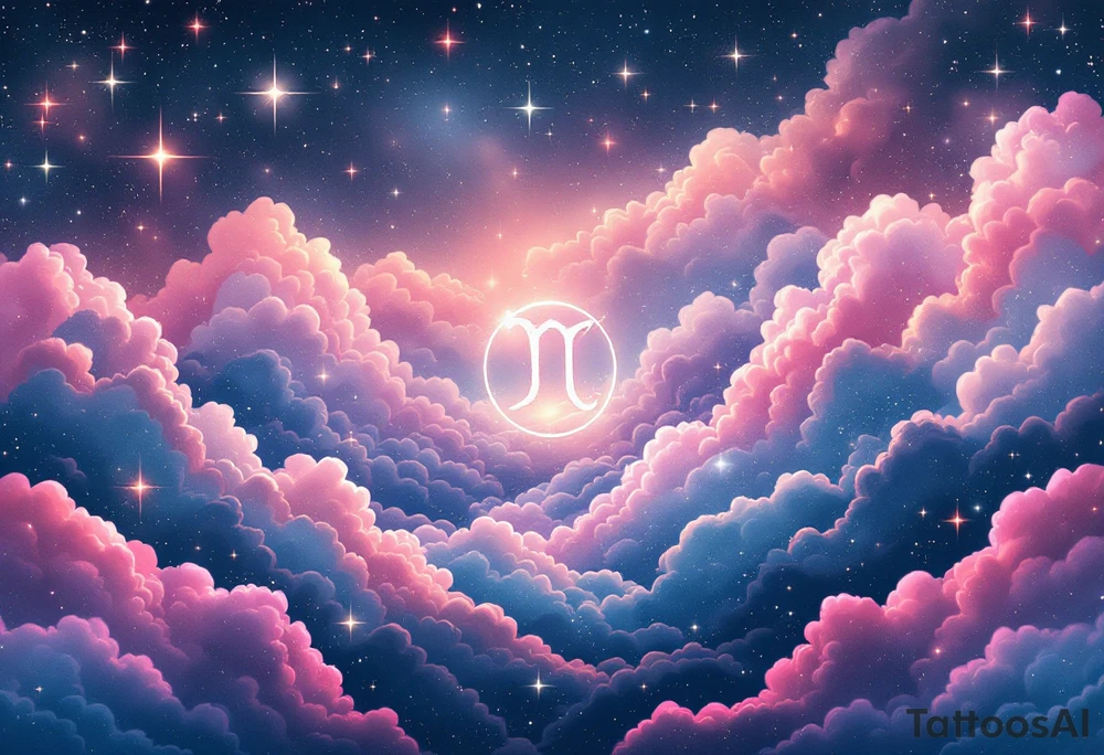 A pink and navy ombré sky holds the Cancer constellation with a silver zodiac glyph glowing at its center. tattoo idea