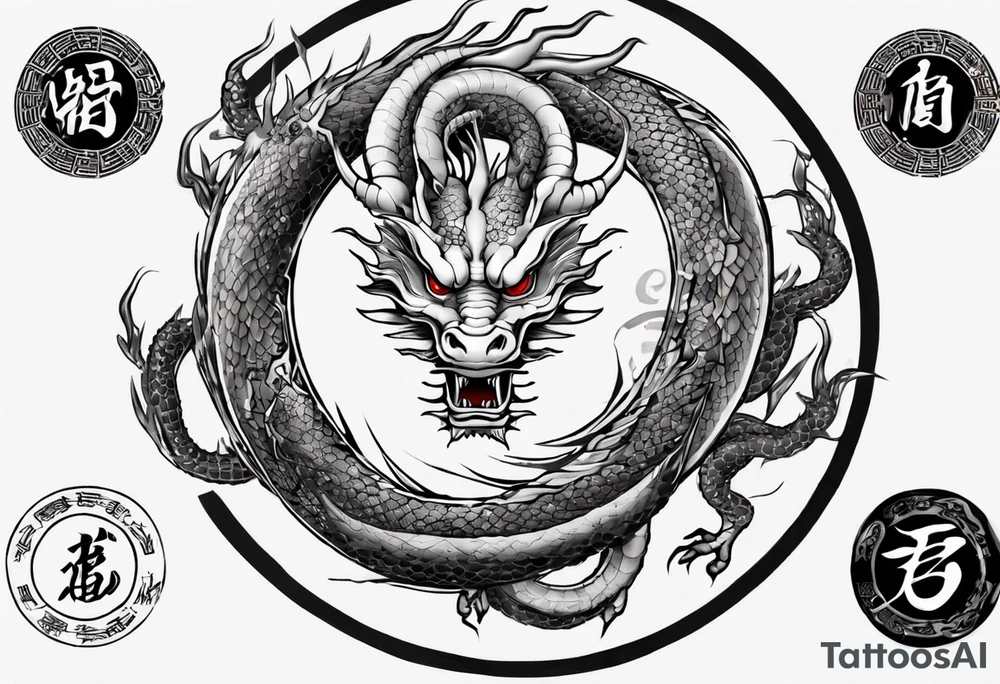 Chinese dragon in a circular shape with "02.03" written on its skin tattoo idea