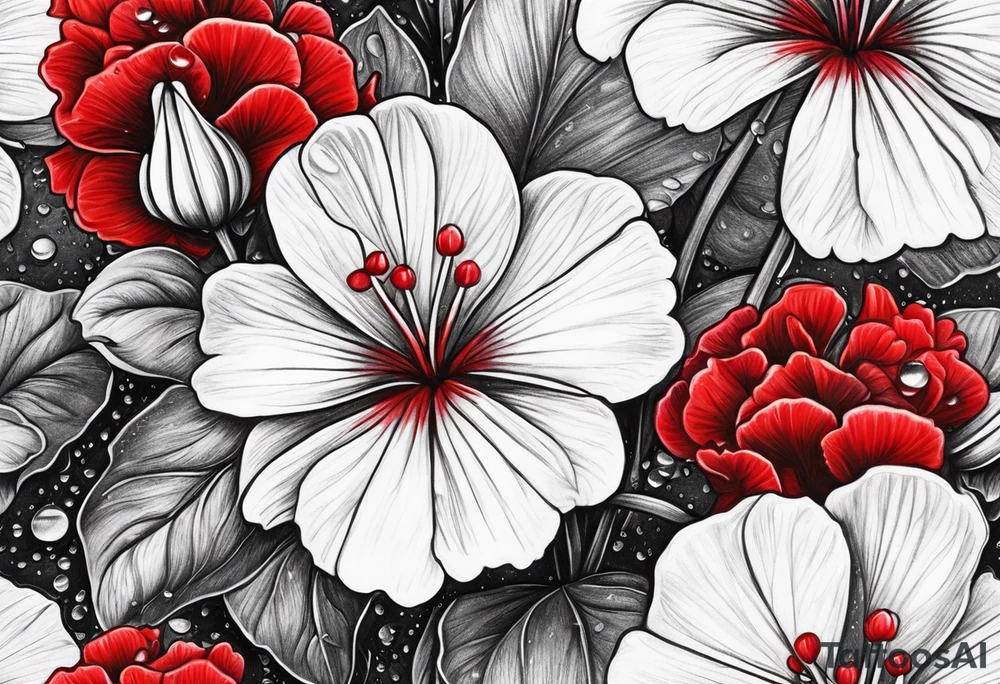 red geraniums with rain drops tattoo idea
