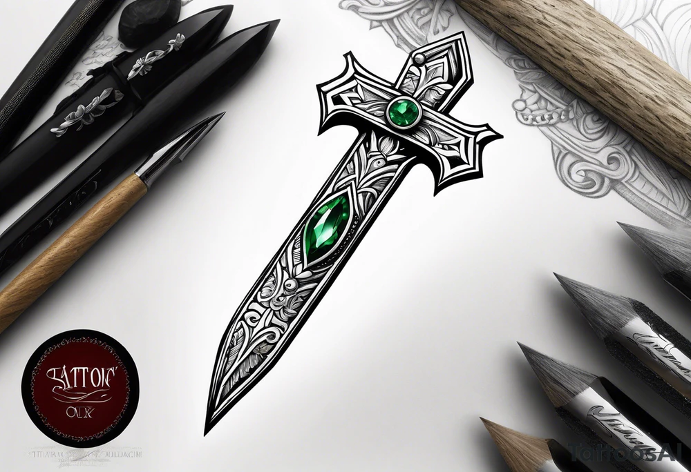 An athame dagger with an oak hilt turned upright and emerald gemstones on it tattoo idea