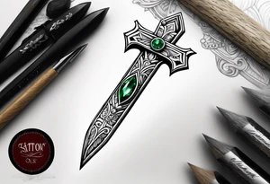 An athame dagger with an oak hilt turned upright and emerald gemstones on it tattoo idea