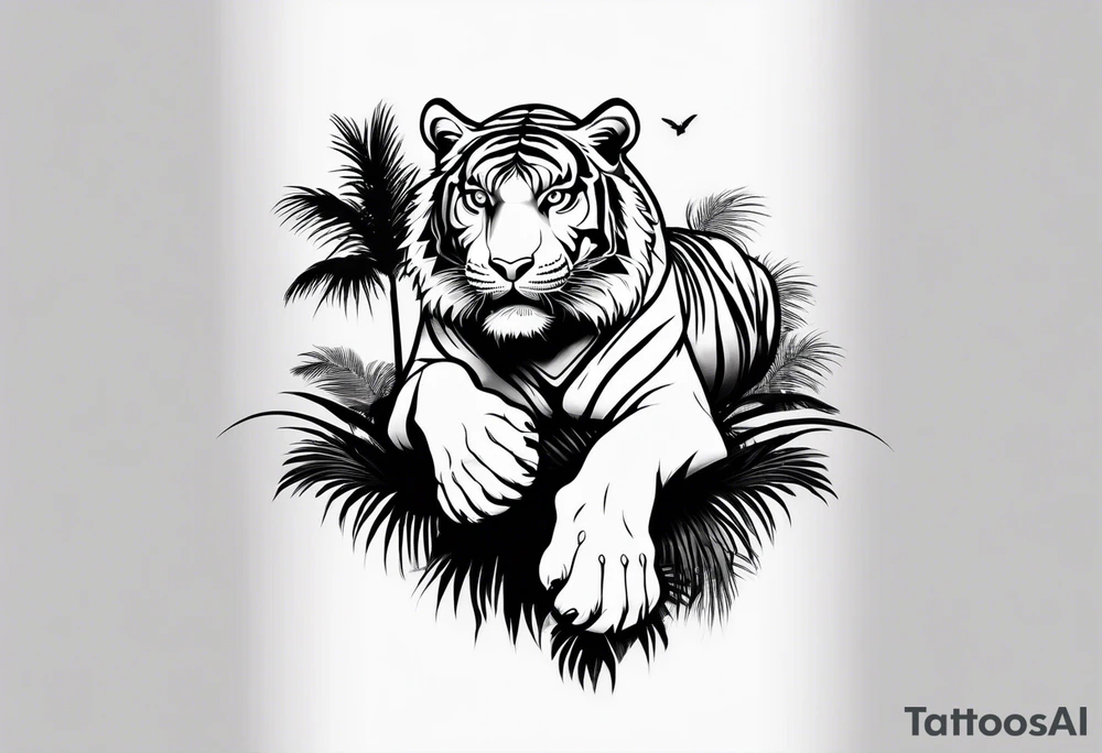 tiger laying on palm tree tattoo idea