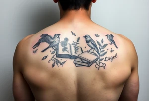 Minimalist fine line collage tattoo incorporating birds, nature, books, science tattoo idea
