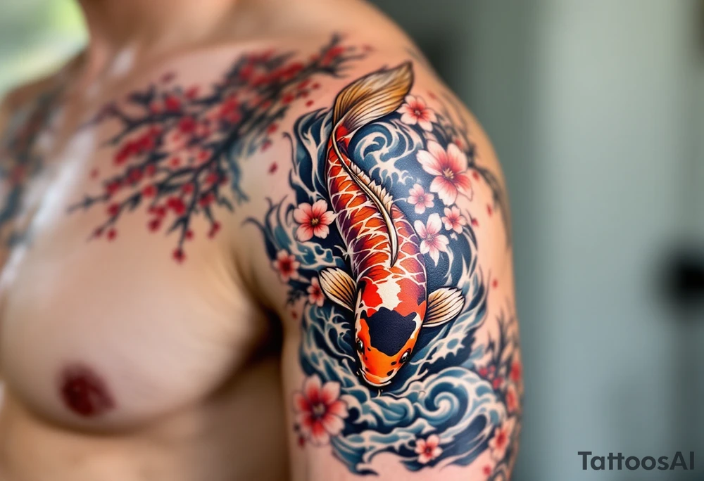 Koi carp swimming upstream through swirling water and cherry blossom petals tattoo idea
