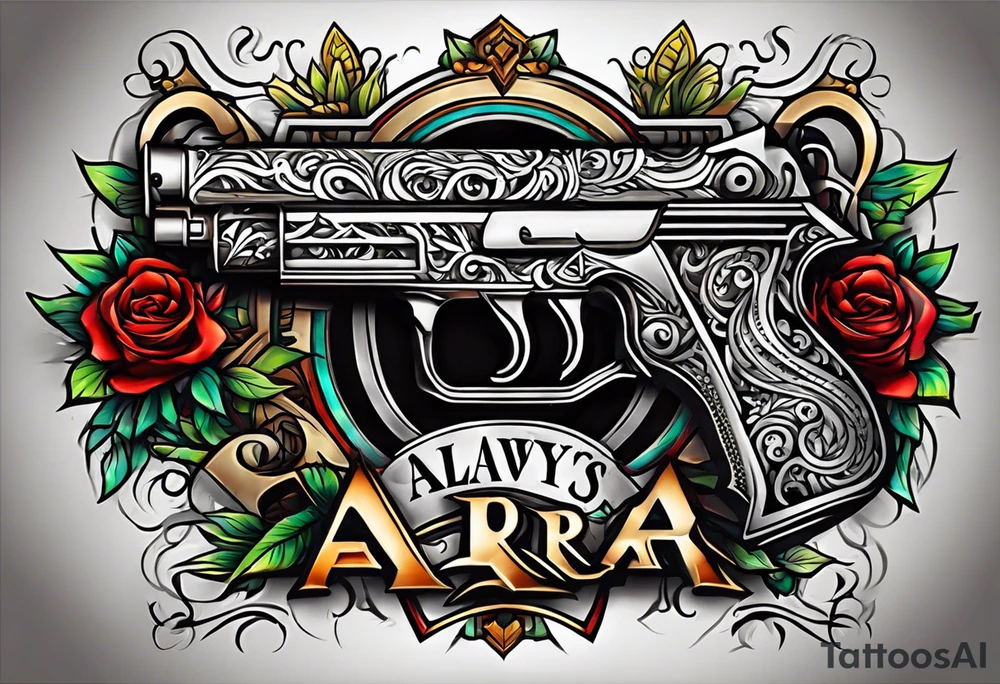 The letters AR with a pistol on each side and the word always on the top and the word ready on the bottom tattoo idea
