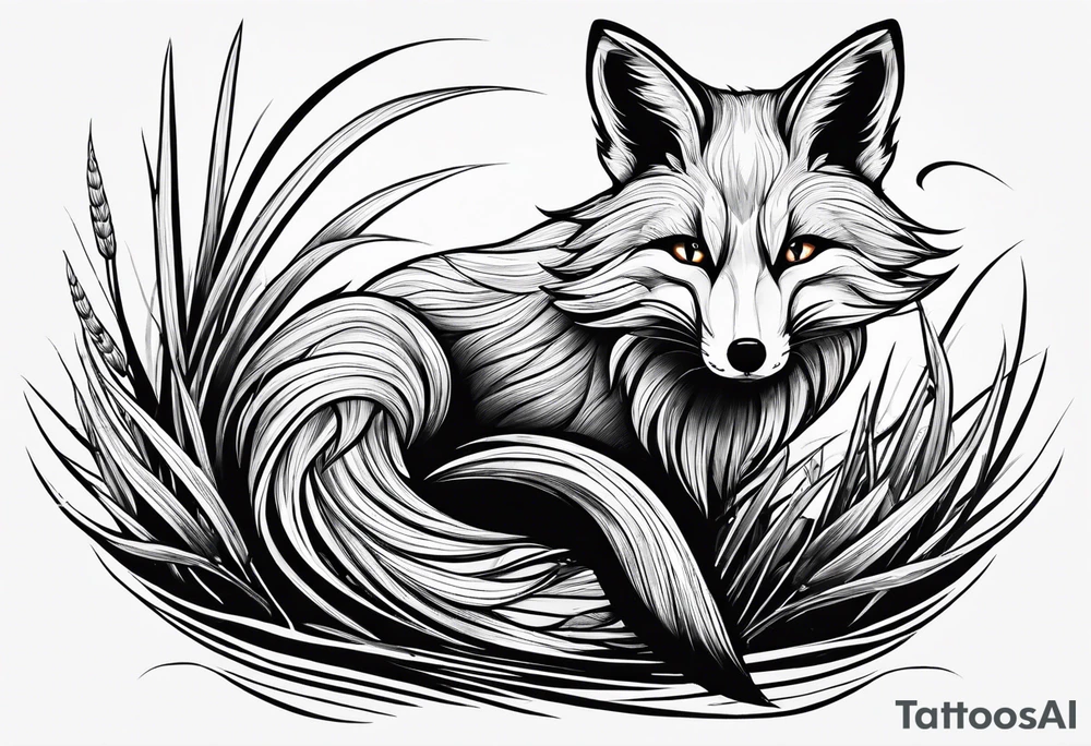 Creepy fox in the reeds jumping dark tattoo idea