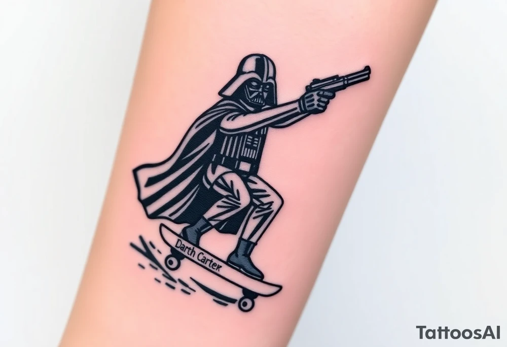 Darth Vader skateboarding with gun> bullets > memorial > god > colors > futuristic/space/star wars
add name "Darth Carter" on skateboard
add date 12/29/88-01/06/24 tattoo idea