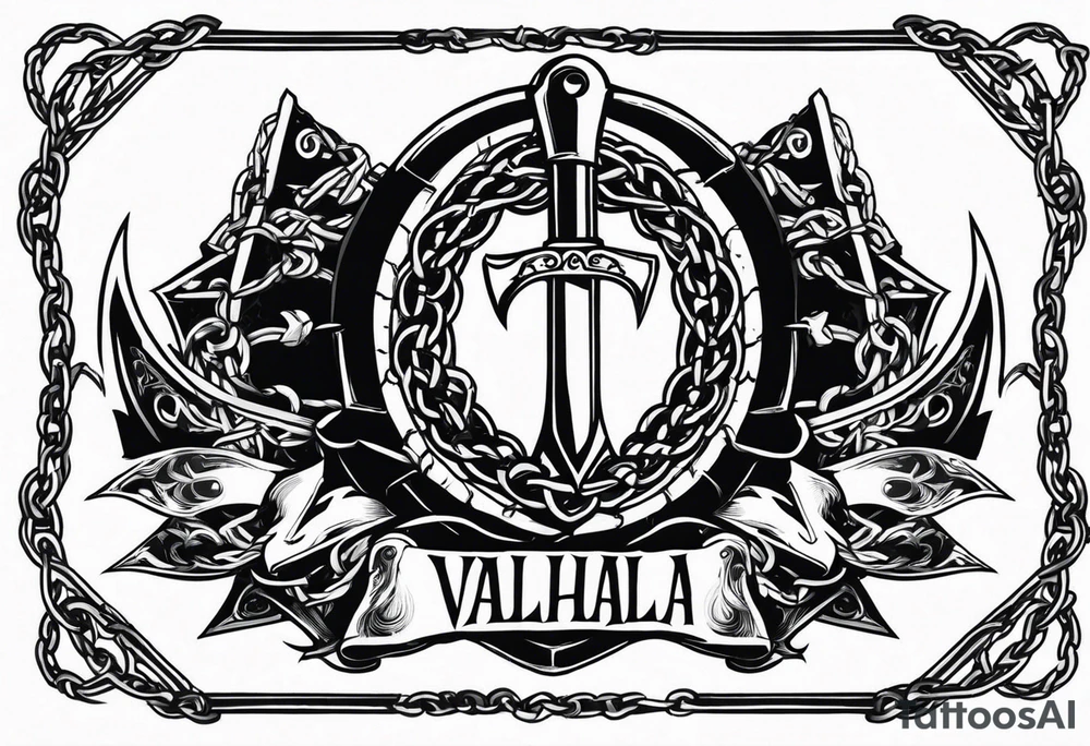 Valhalla sword shield axe barbed wire chains dark cloud tattoo idea