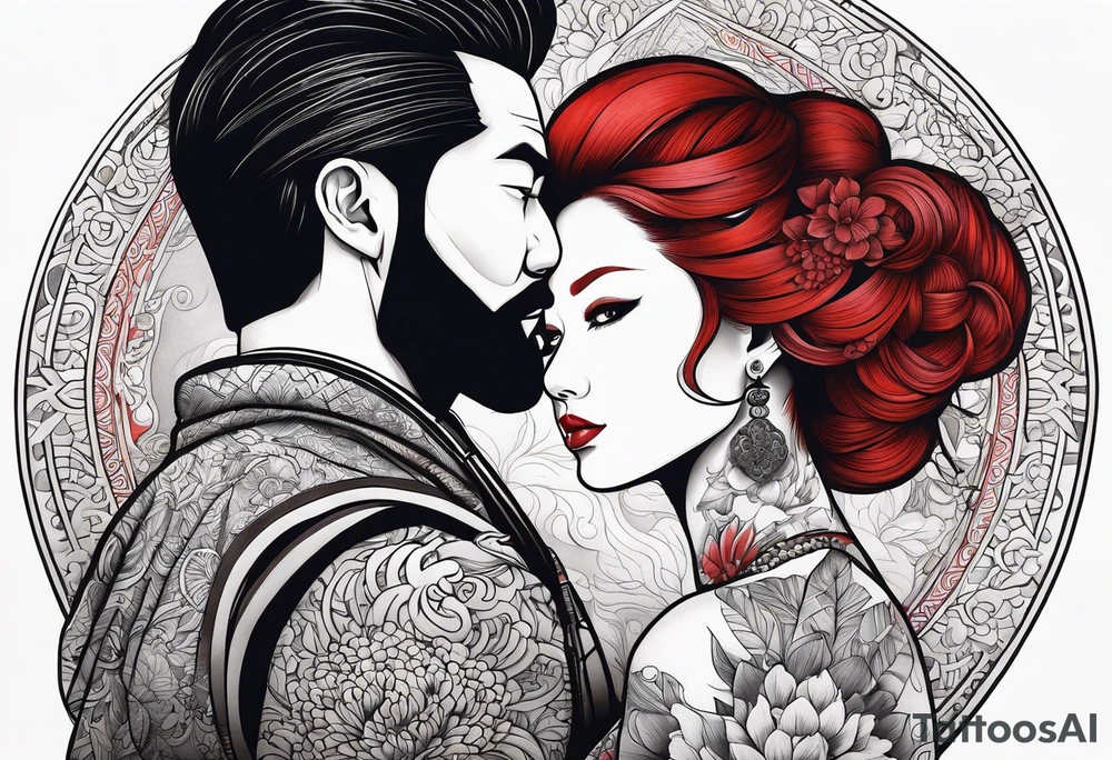 Busty Red haired woman with black haired bearded man tattoo idea