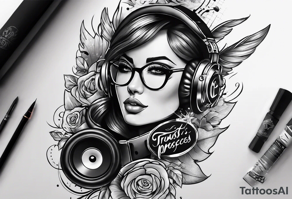 Idea of the tattoo is trust the process, i want some music reference because i am a music producer, and also a business/money reference because i start businesses and i love that, also some emotional reference because trusting the process is also in emotions tattoo idea