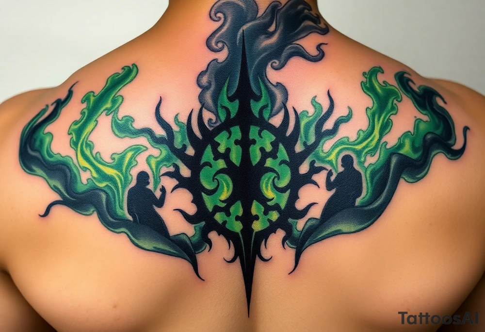 A Dark Mark engulfed in eerie green flames, with shadowy figures whispering from the smoke tattoo idea