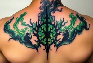 A Dark Mark engulfed in eerie green flames, with shadowy figures whispering from the smoke tattoo idea