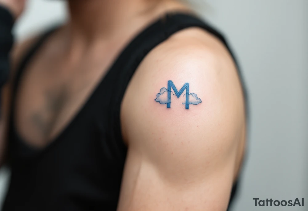 A soft "M" in sky blue with subtle cloud-like shading. tattoo idea