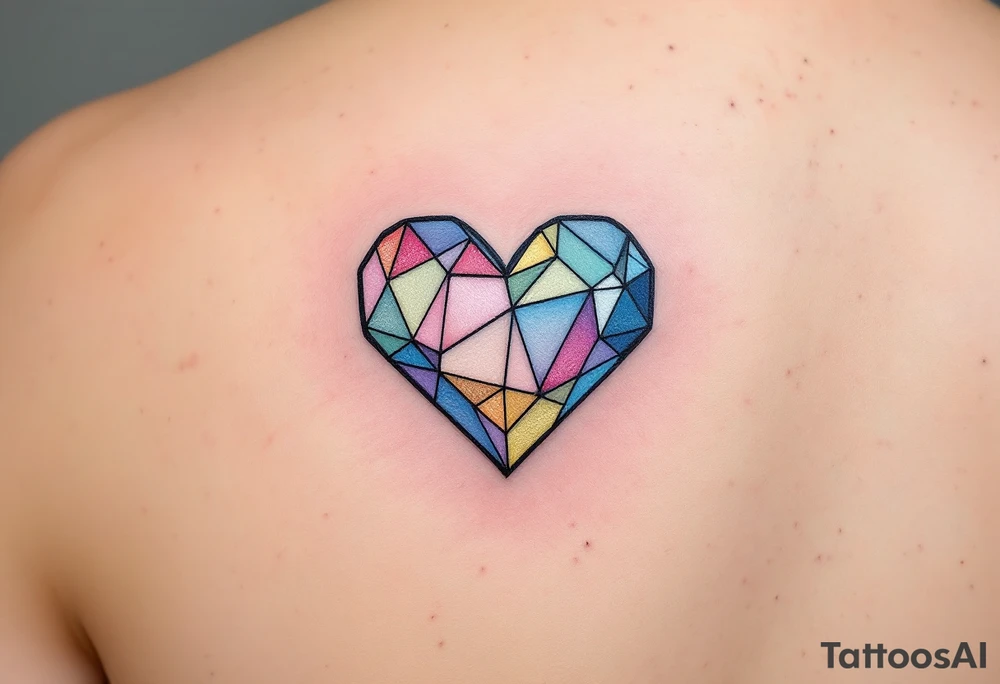 A mini heart made up of colorful geometric shapes, with each section of the heart filled with different watercolor shades of blue, pink, and gold, and the name "Petr" written in a modern, sans-serif font. tattoo idea