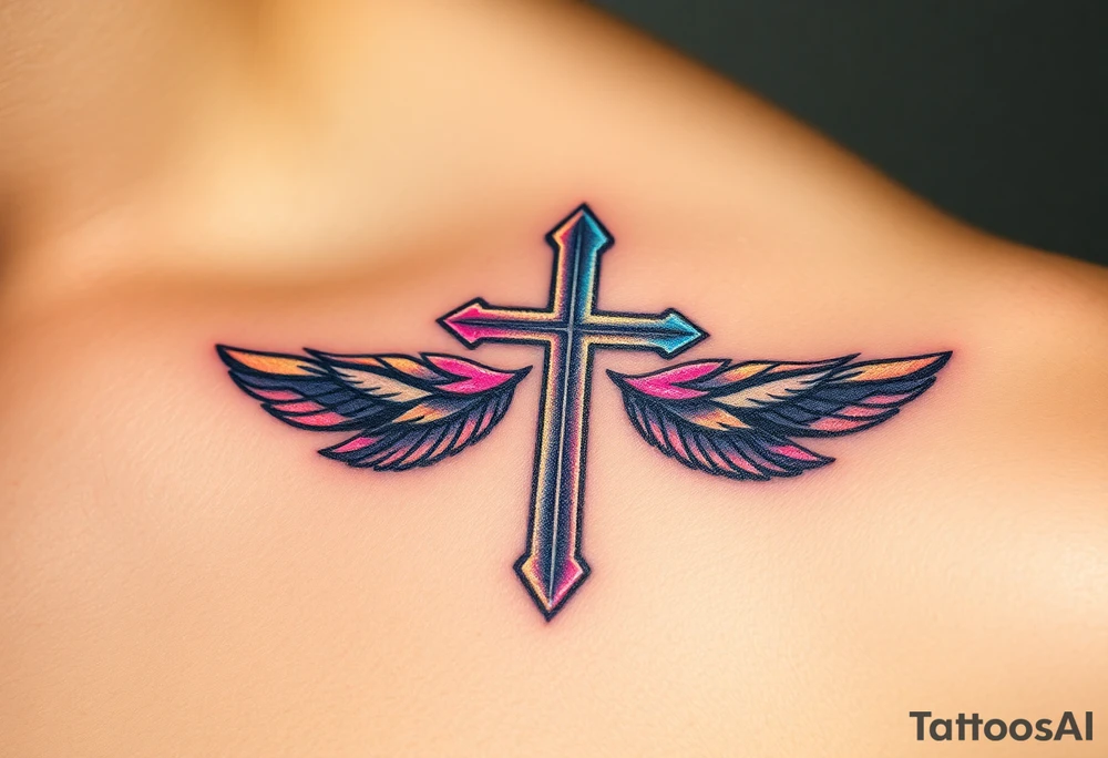 A glowing silver cross with floating feathers, each reflecting hints of pink, blue, and soft gold tattoo idea