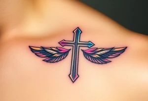 A glowing silver cross with floating feathers, each reflecting hints of pink, blue, and soft gold tattoo idea