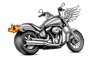 Low rider grey motorcycle, big muffler pipes with flames, angel wings, driving away, no person tattoo idea