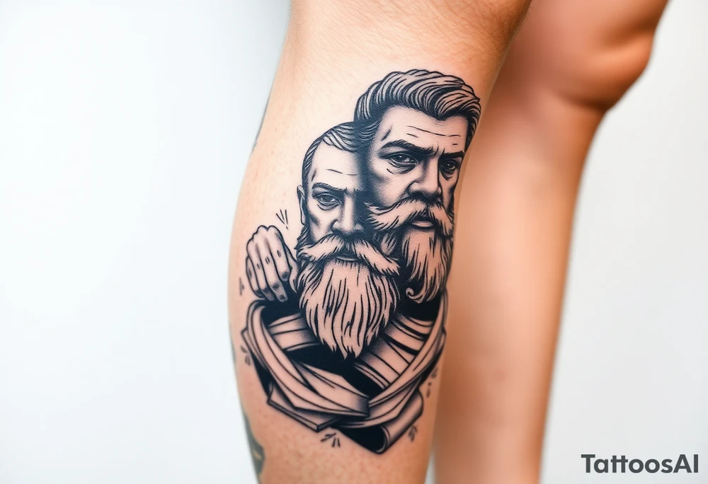 Platos, aristole, and socrates on the right side of the calf. Big and filling the whole calf vertically tattoo idea