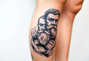 Platos, aristole, and socrates on the right side of the calf. Big and filling the whole calf vertically tattoo idea
