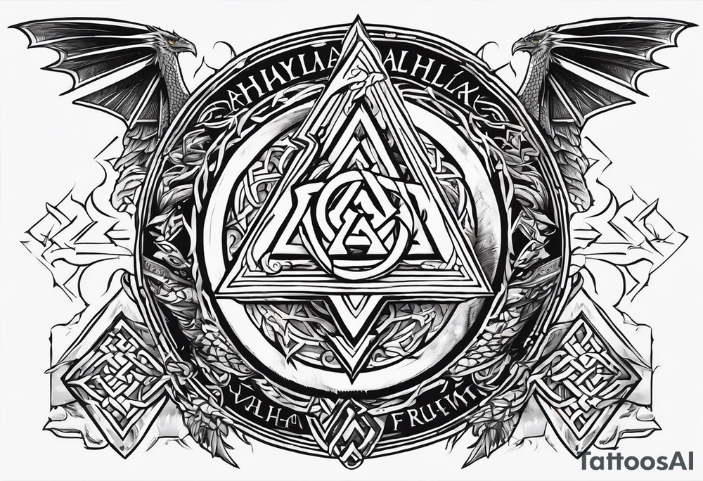 Valhalla sword shield dragon axe Valknut helm of awe tattoo idea Valhalla sword shield dragon axe Valknut helm of awe tattoo idea