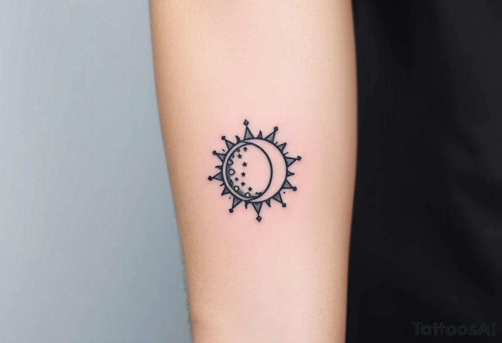 celestial sun and moon embrace with constellation patterns tattoo idea