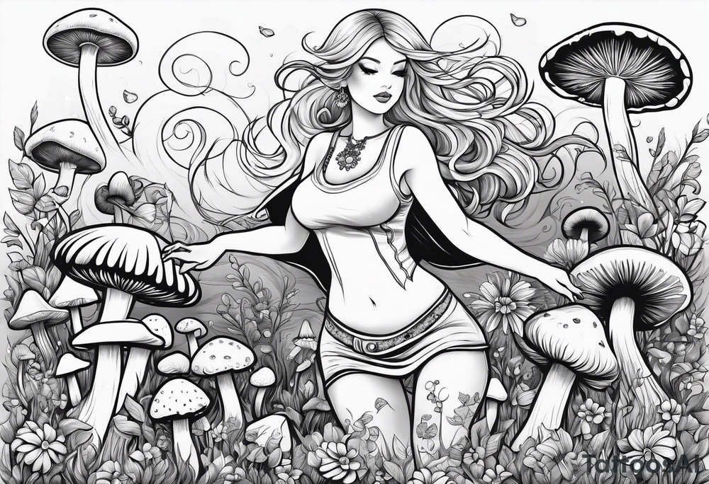 Blonde chubby Girl dancing in field of mushrooms tattoo idea