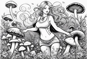 Blonde chubby Girl dancing in field of mushrooms tattoo idea