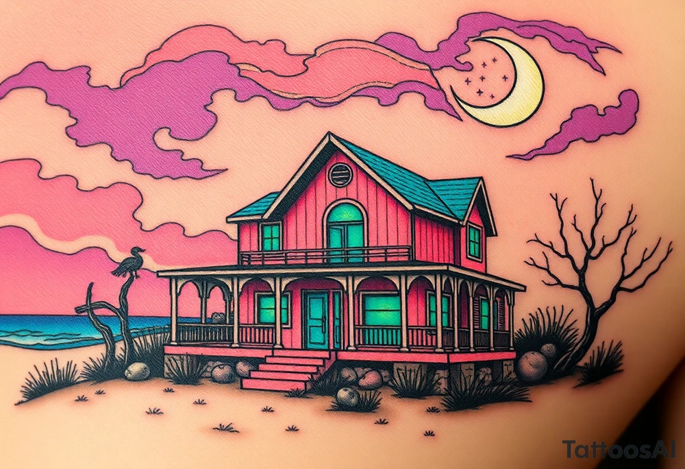 Tim Burton’s haunted pastel beach home is abandoned and dripping with muted reds, dusty pinks, and eerie green glow.purple and cyan smokey clouds swirl in the crescent moonlit sky thats sprinkled with stars tattoo idea tattoo idea