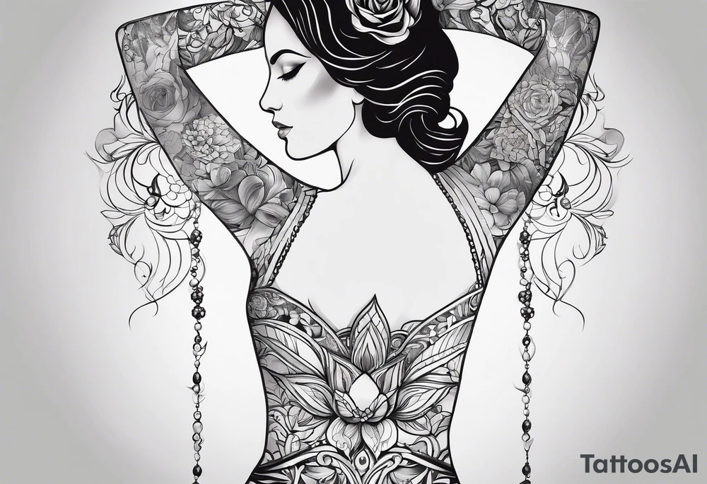 Tattoo on Woman’s Spine fine line, flower, moon, balance, eternity, perfection, love, patience, rising out of suffering tattoo idea