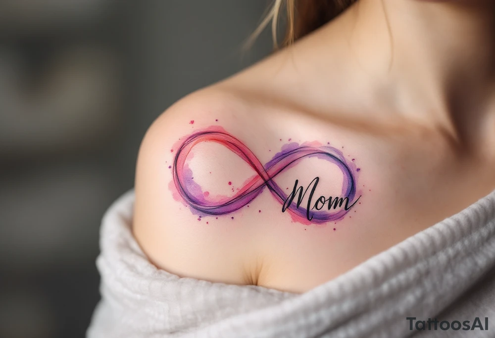 A watercolor infinity symbol in soft pinks and purples entwined with the word “Mom” reflects unending maternal devotion. tattoo idea