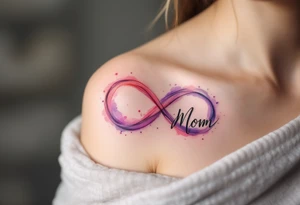 A watercolor infinity symbol in soft pinks and purples entwined with the word “Mom” reflects unending maternal devotion. tattoo idea