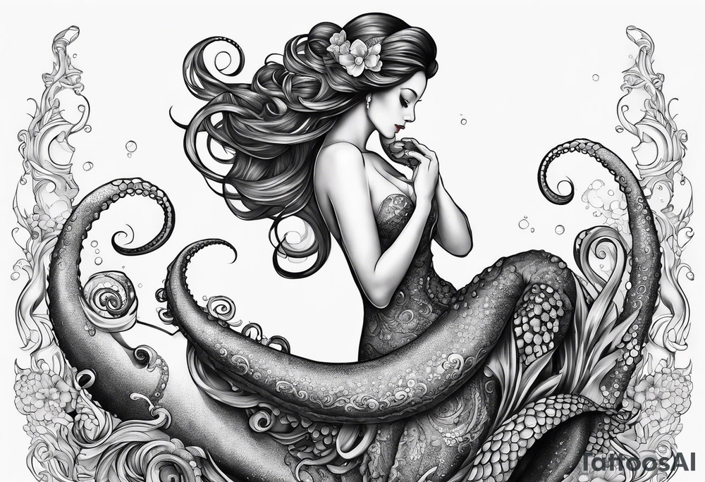 Octopus around lower leg  holding a mermaid tattoo idea