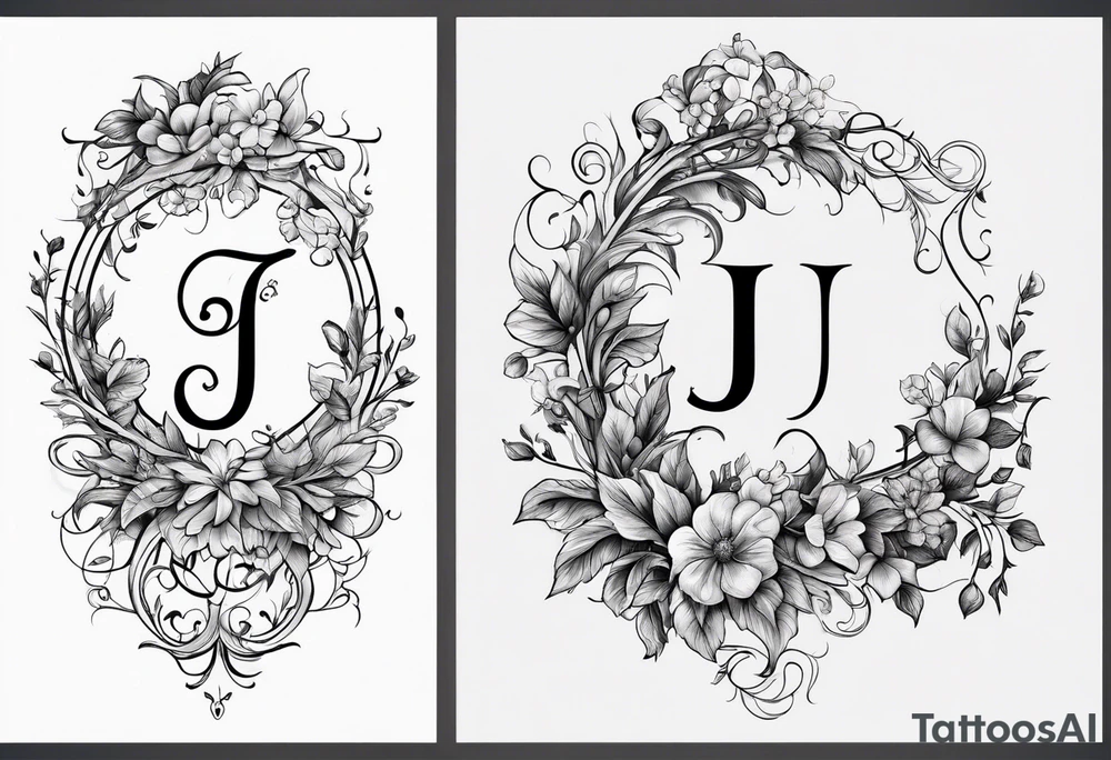 Capital letter j with vines and small flowers around it tattoo idea