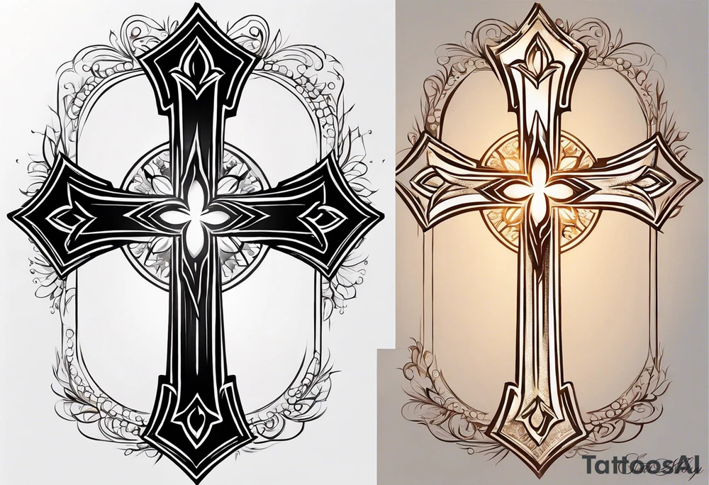 Tattoo: A refined cross with a soft halo on top of it, symbolizing light and spirituality. Delicate rays extend outward from the halo, adding a subtle glow and depth. The cross itself is simple and elegant, with potential for small, intricate line details within the design. tattoo idea